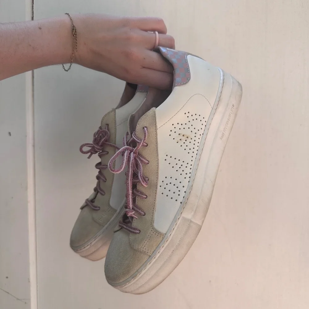 P448 John Low Top Sneakers White Beige Pink Silver Checkered Size 41